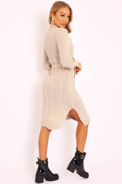Beige Tie Waist High Neck Midi Jumper Dress - Ennie