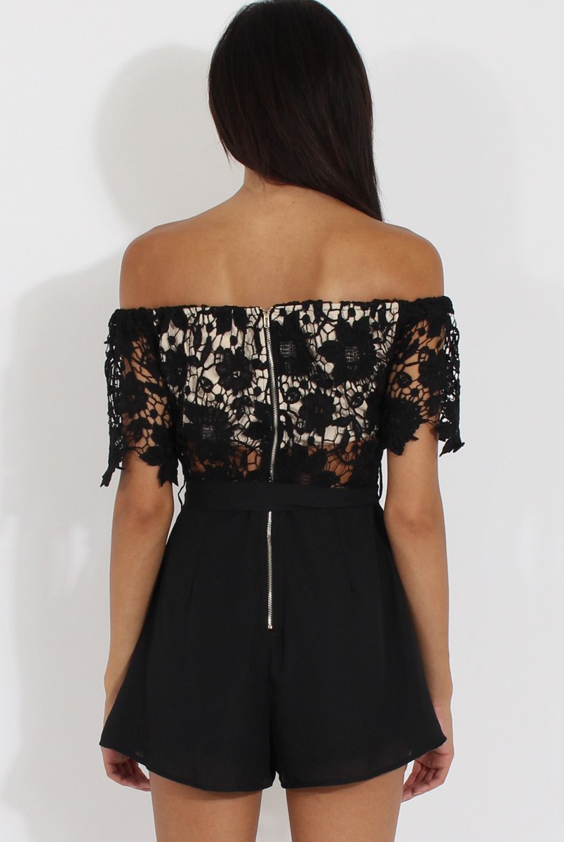 Black Bardot Crochet Playsuit - Wynn