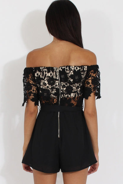Black Bardot Crochet Playsuit - Wynn