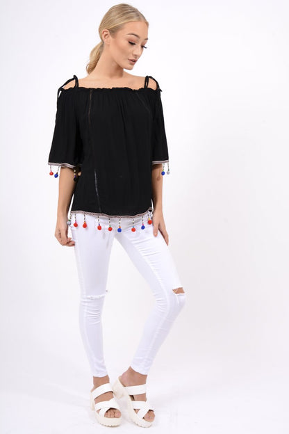 Black Bardot Pom Pom Top - Seren