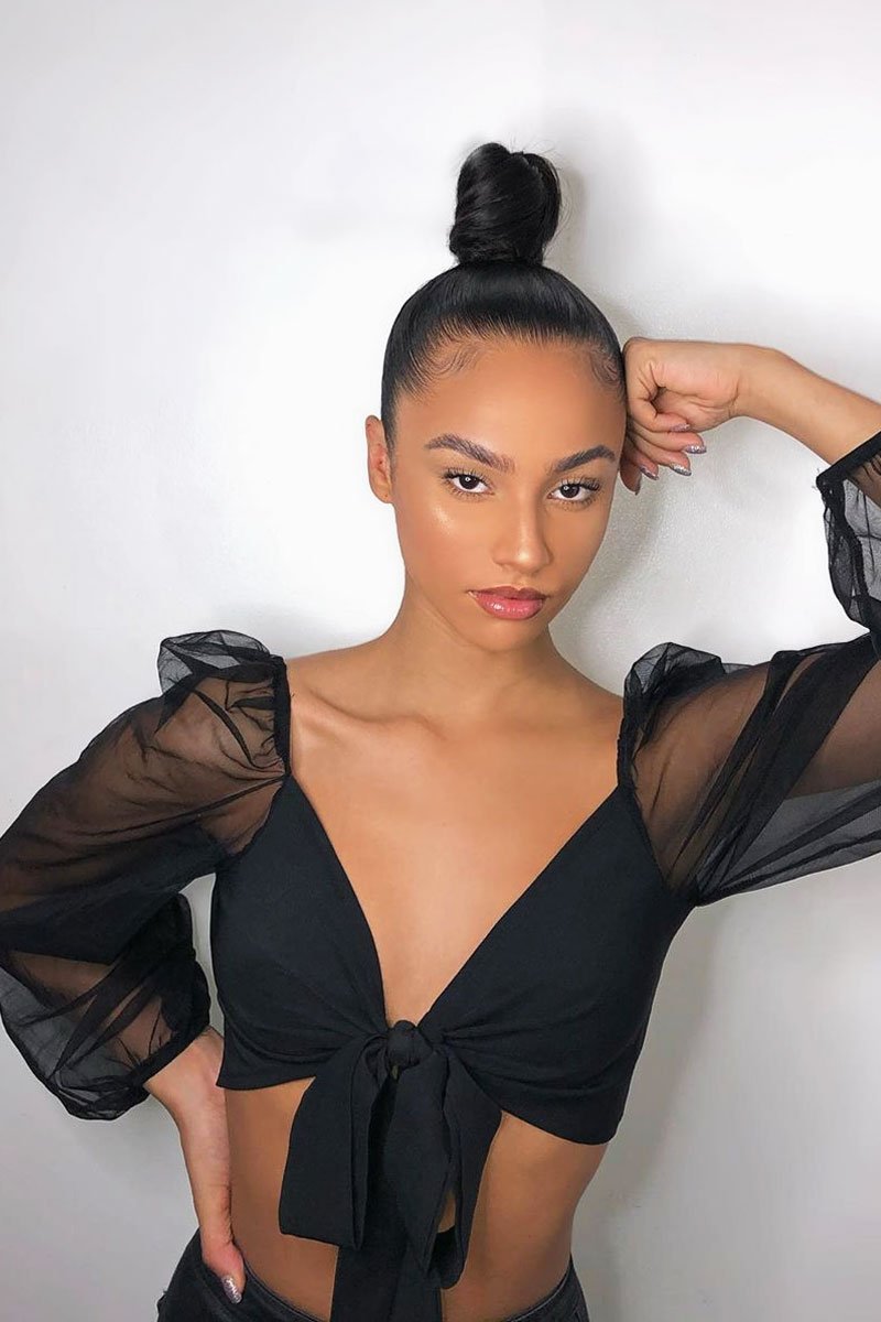 Black Bow Front Organza Sleeve Crop Top - Eddie