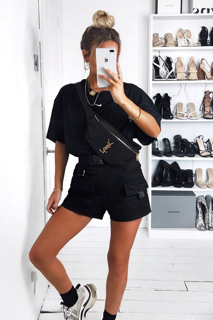 Black Buckle Front Woven Utility Shorts - Minh