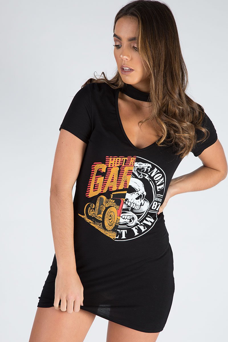 Black Choker Neck Cut Out Slogan T-Shirt Dress - Sophie