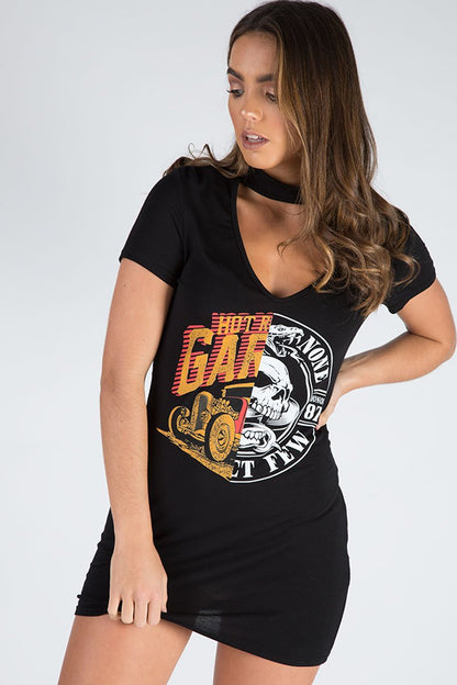 Black Choker Neck Cut Out Slogan T-Shirt Dress - Sophie
