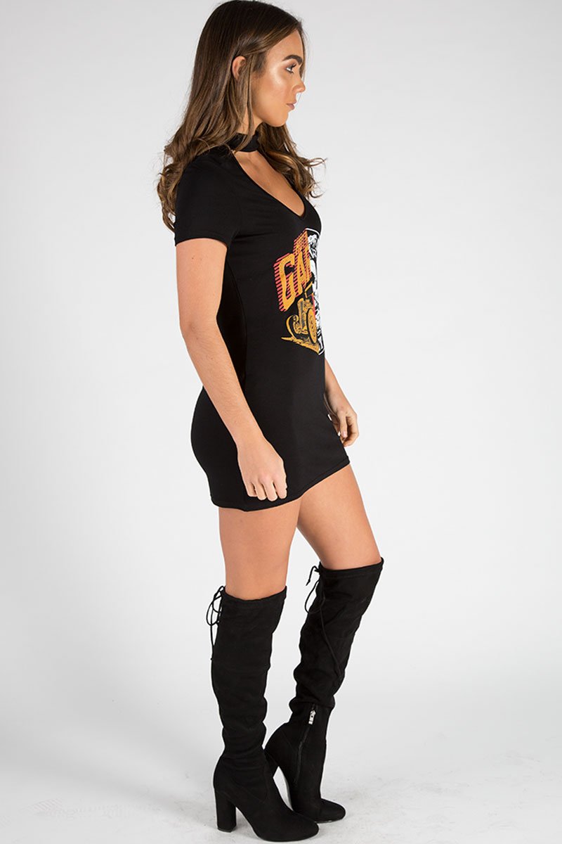 Black Choker Neck Cut Out Slogan T-Shirt Dress - Sophie