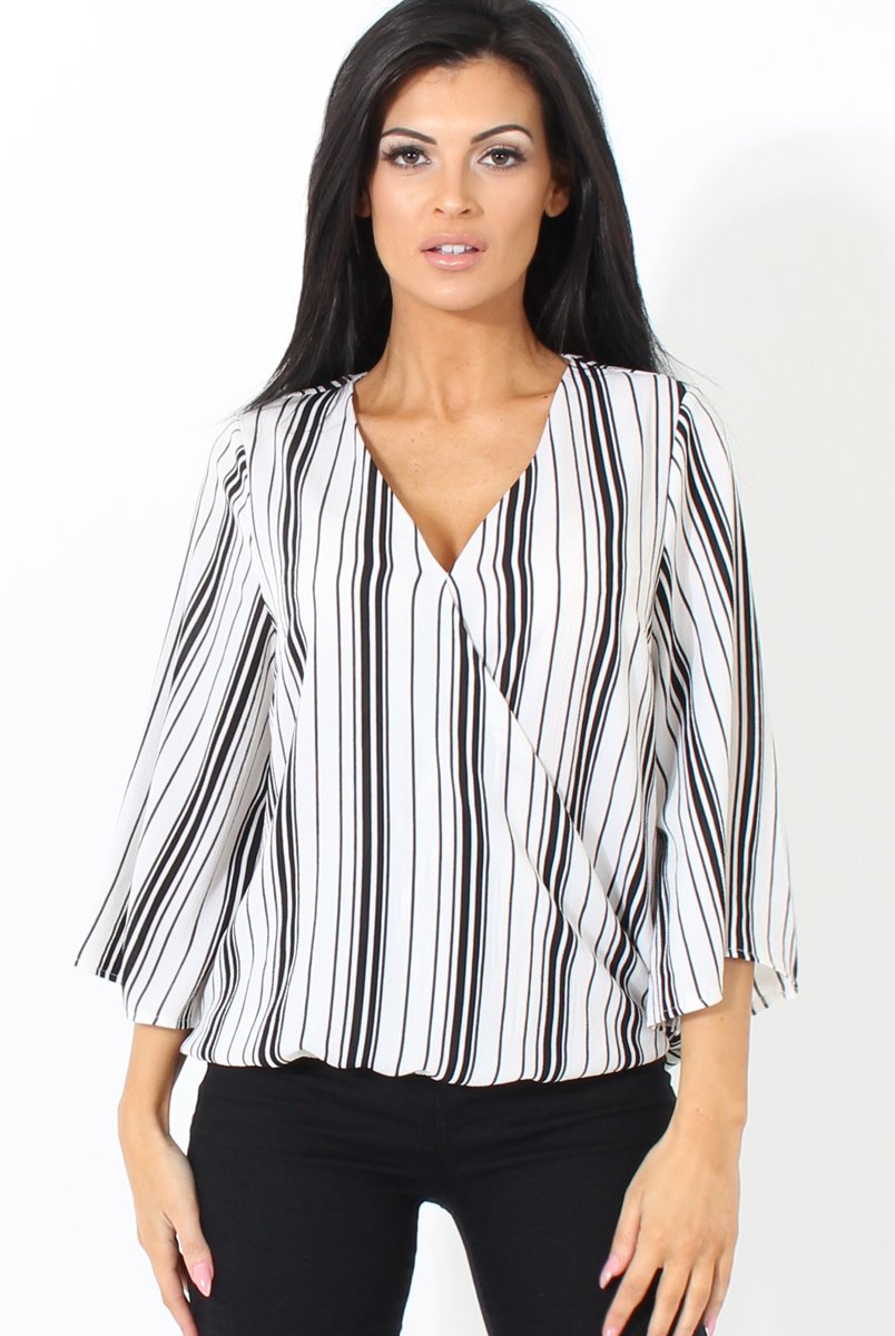 Black and White Stripe Cross over Front Detail Top- Tasha