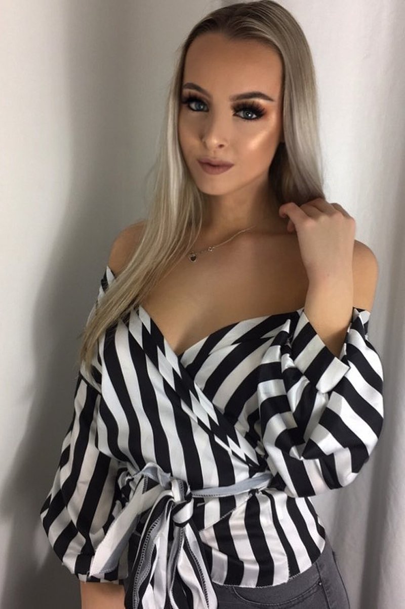 Black and White Striped Plunge Top with Ruched Sleeves - Semaya