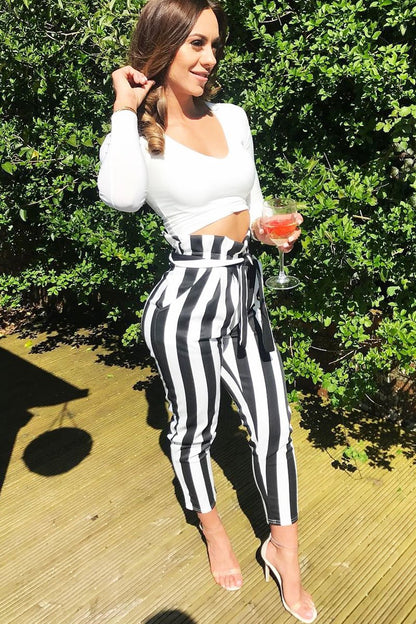 Black and White Striped Tie Waist Tapered Trousers - Dura