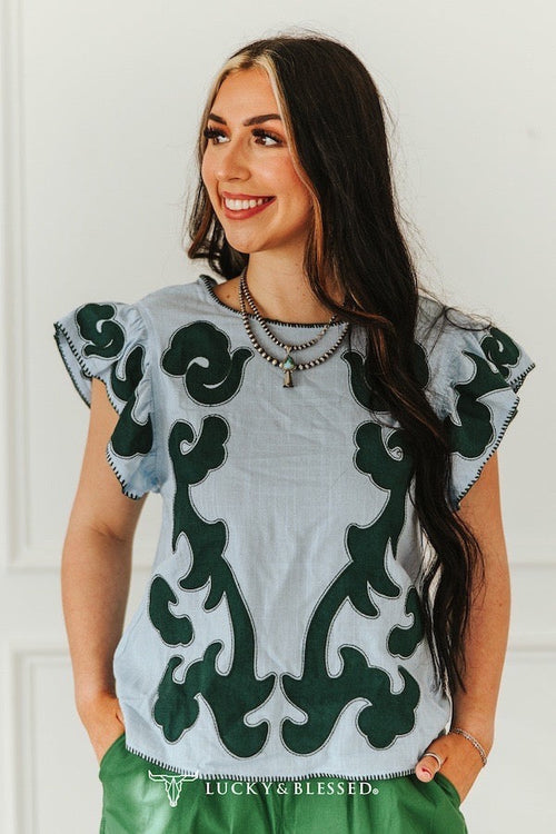 Light Blue Jade Patch Contrast Stitching Ruffle Sleeve Blouse