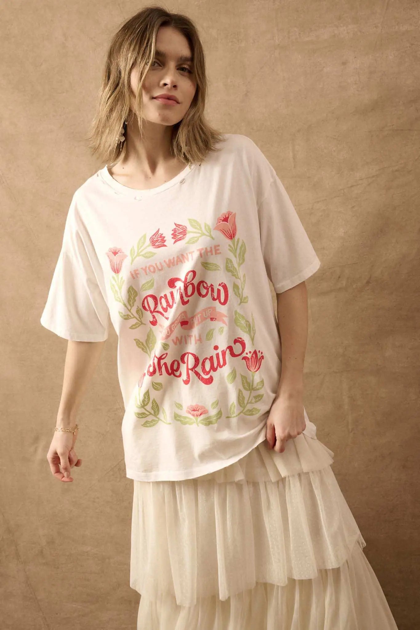 Rain and Rainbow Distressed Oversize Graphic Tee