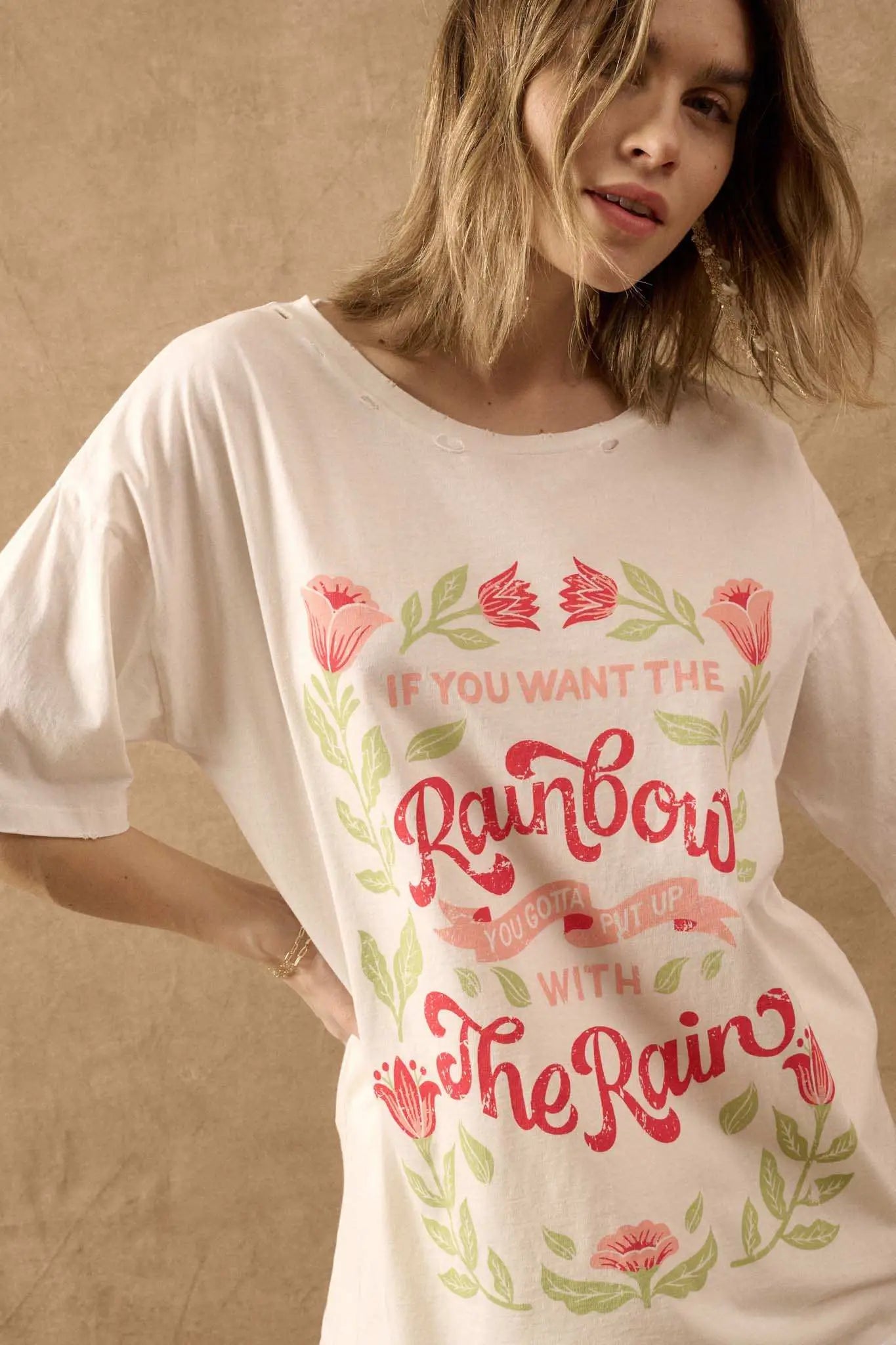 Rain and Rainbow Distressed Oversize Graphic Tee