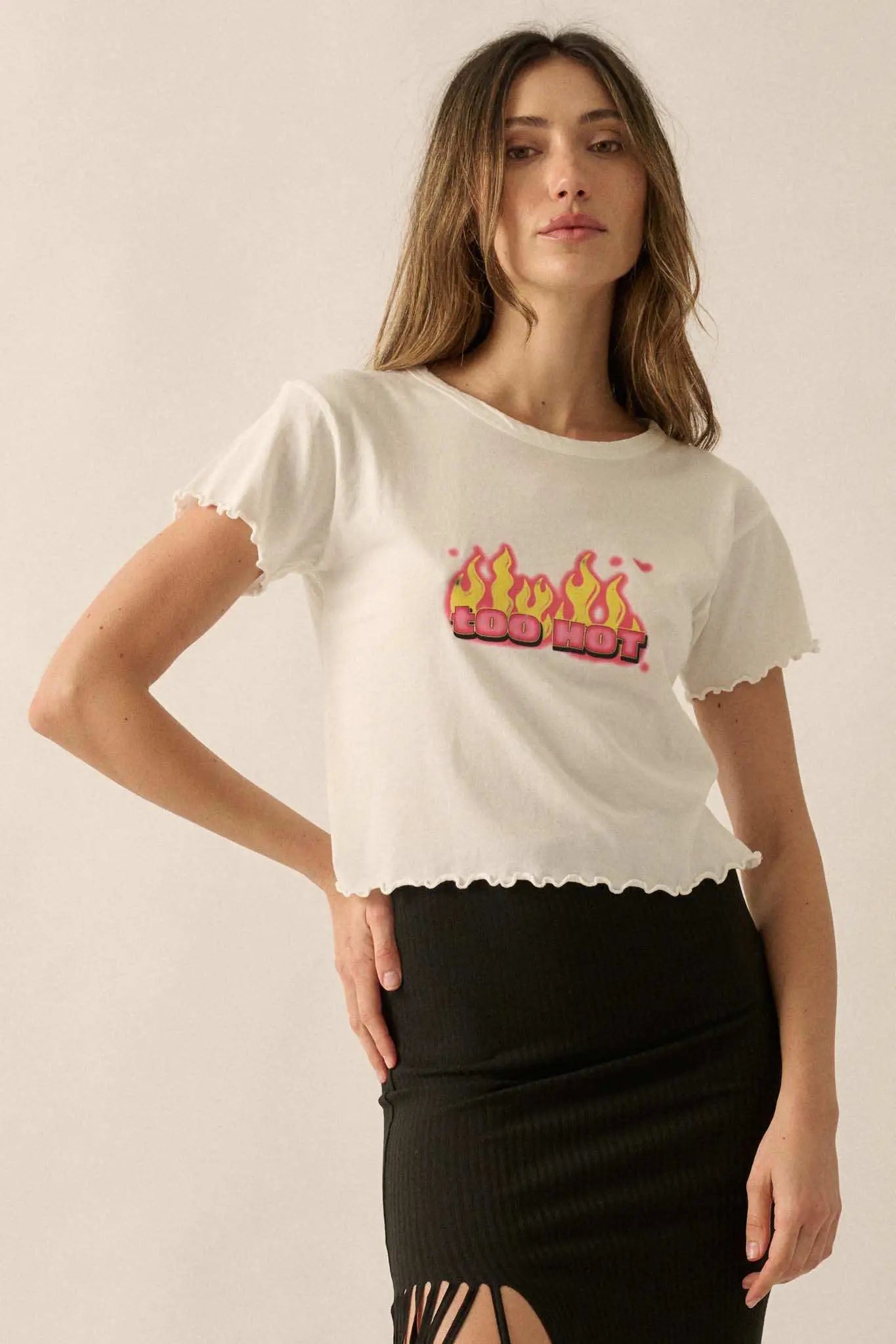 Too Hot Cropped Lettuce-Edge Graphic Baby Tee
