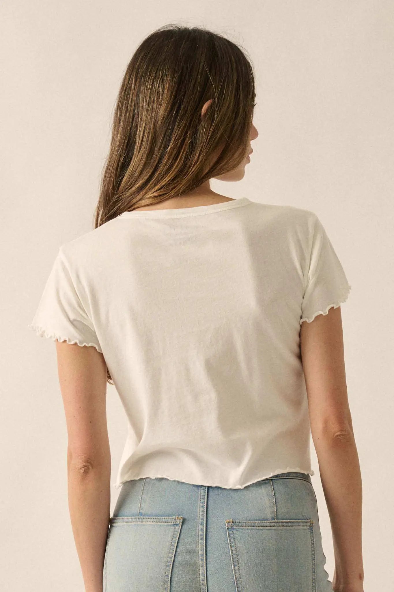 Kiss Kiss Cropped Lettuce-Edge Graphic Baby Tee