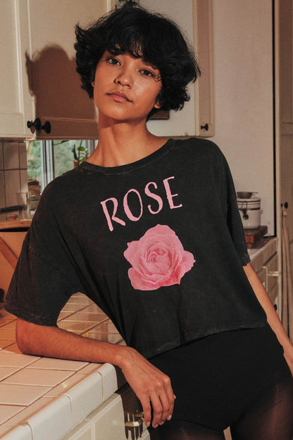 Blooming Rose Vintage-Wash Cropped Graphic Tee