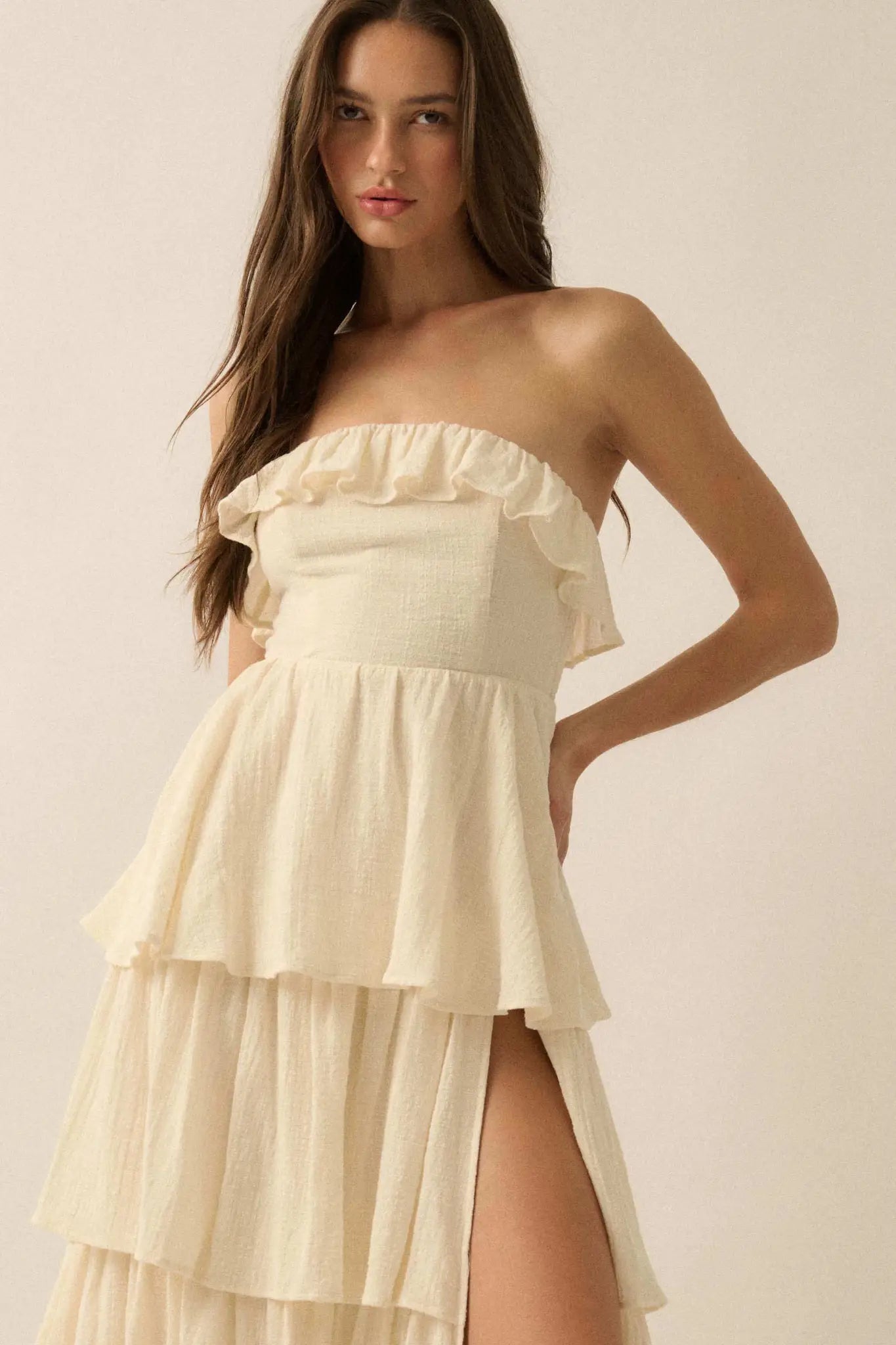 Tiers in Heaven Strapless Tiered Ruffle Maxi Dress