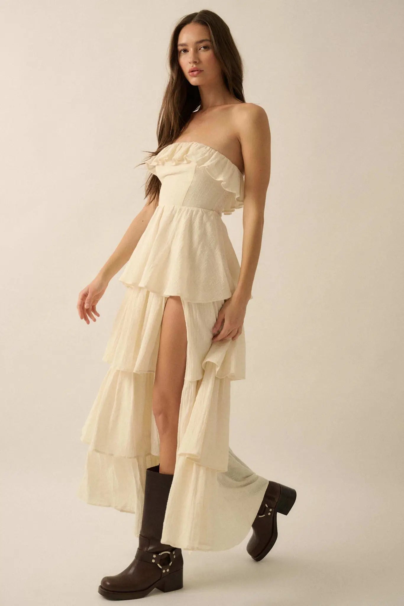 Tiers in Heaven Strapless Tiered Ruffle Maxi Dress