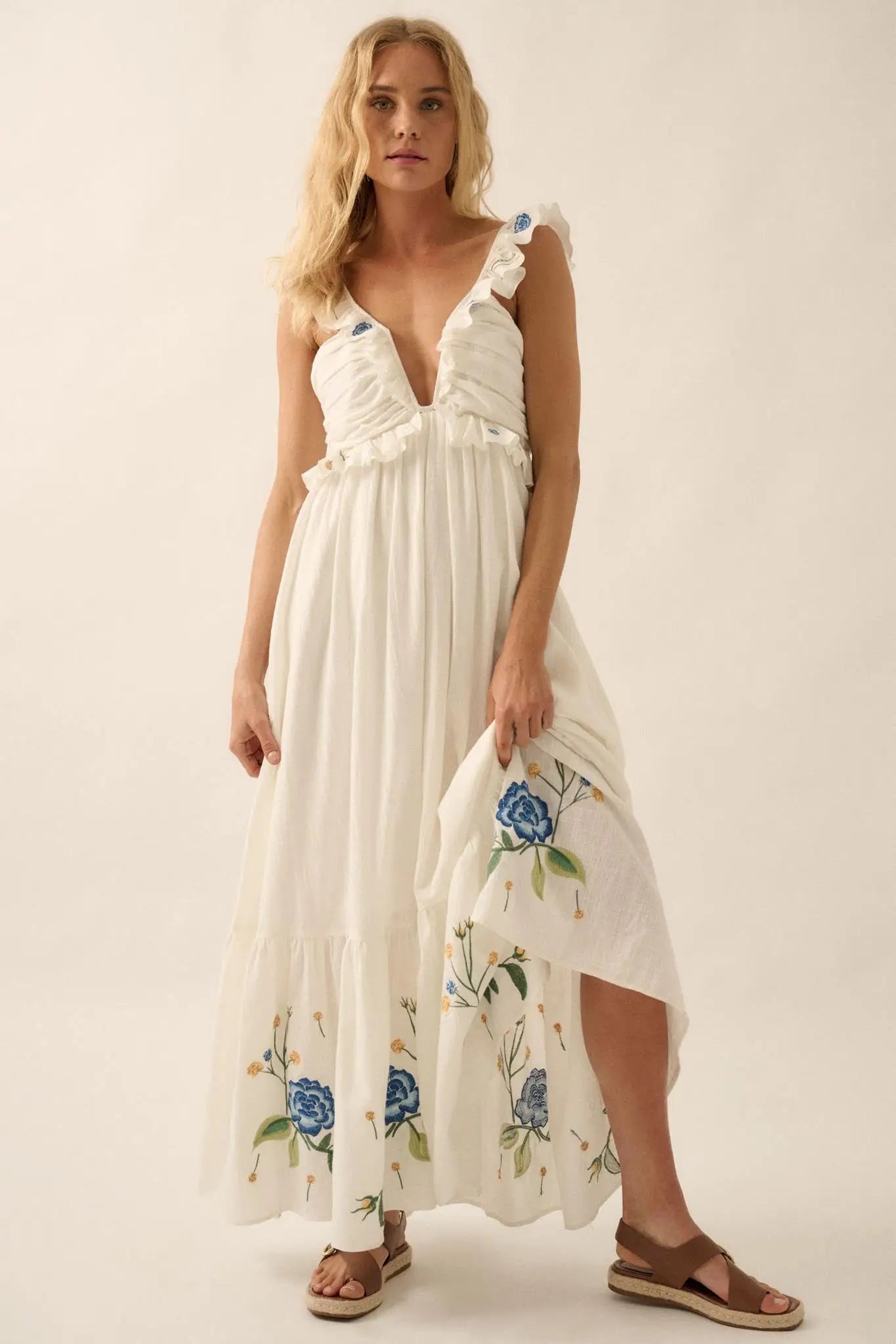 Embroidered Blossoms Ruffled Cotton Maxi Dress