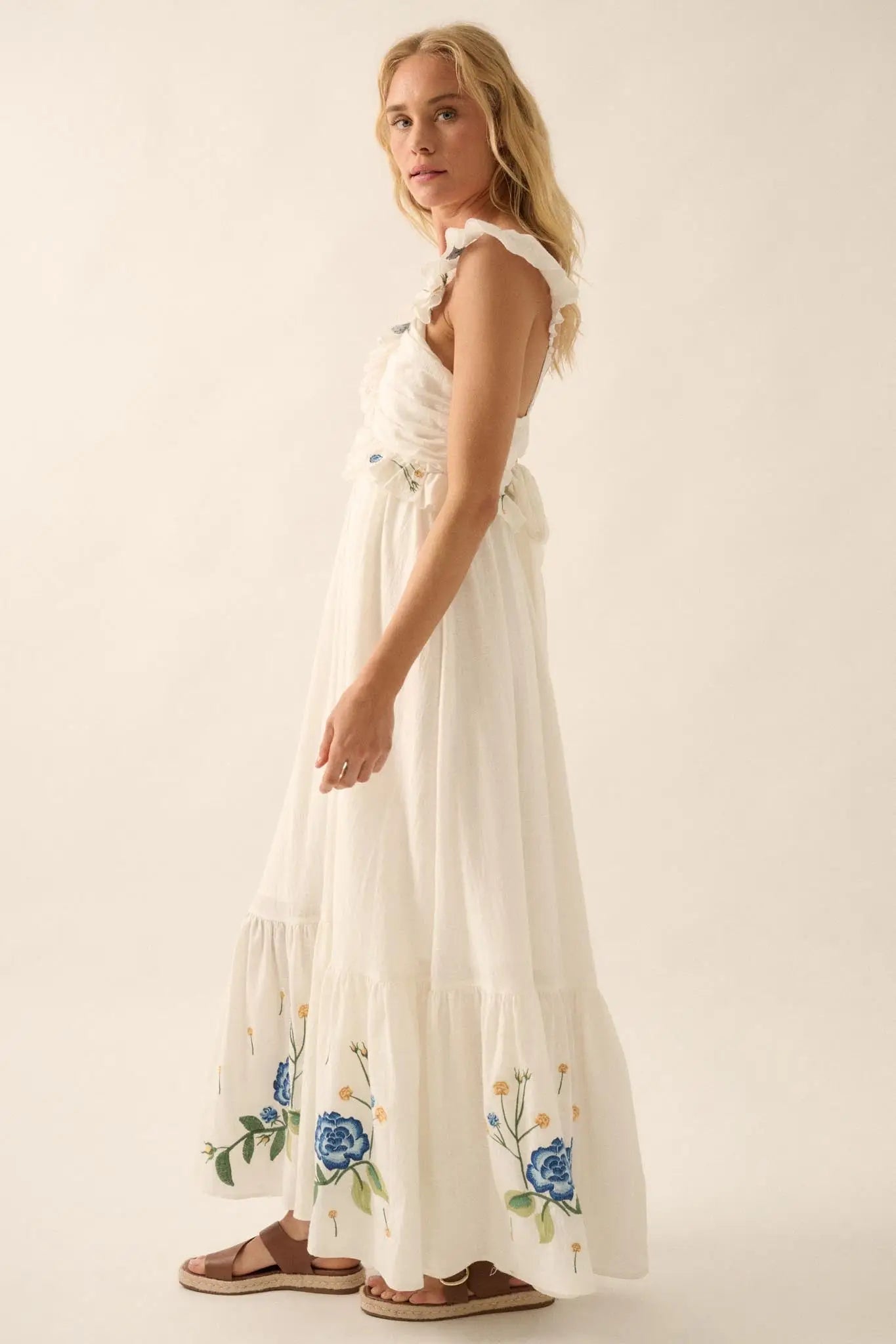 Embroidered Blossoms Ruffled Cotton Maxi Dress