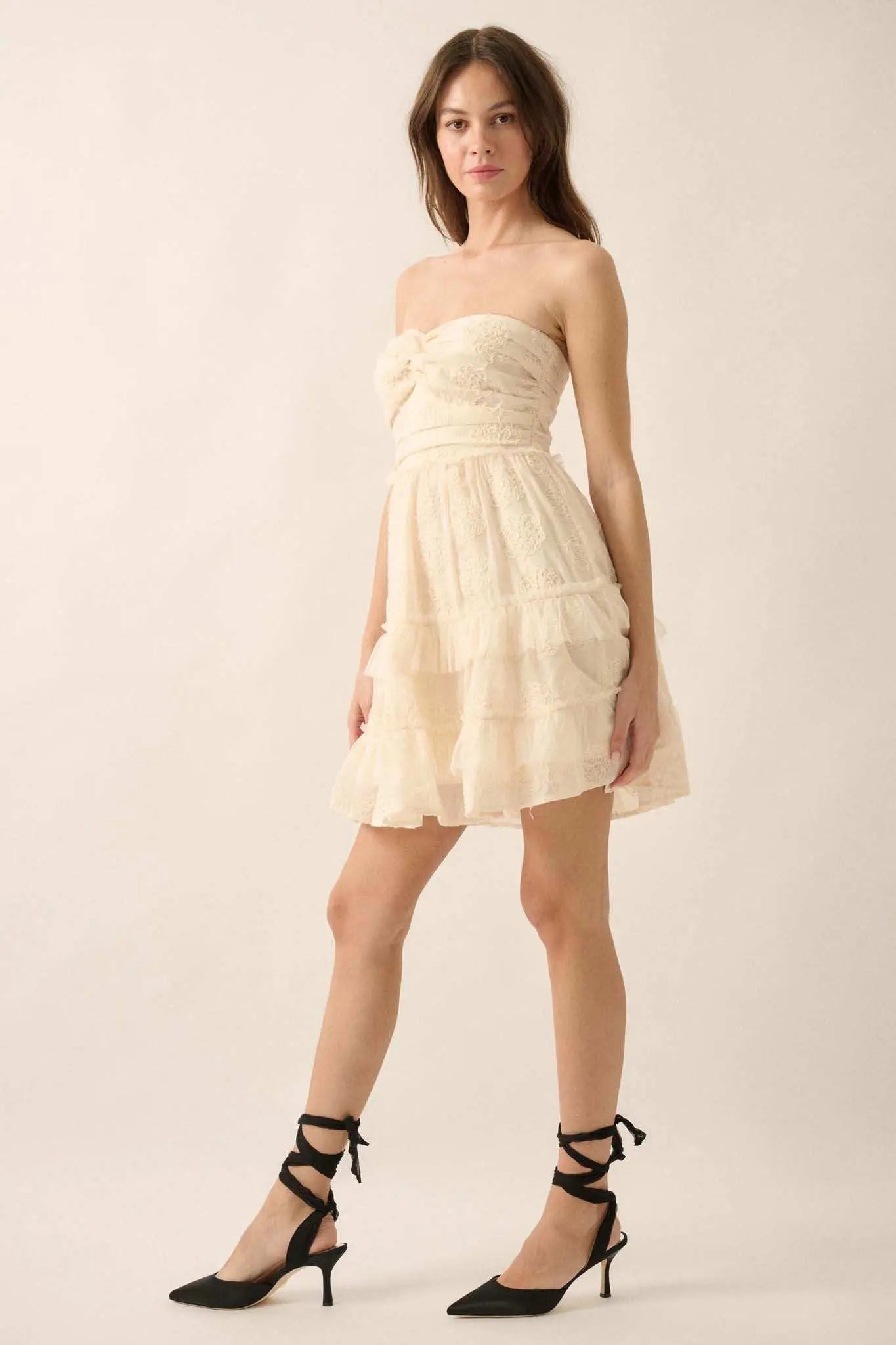 Floral Finesse Ruffled Lace Strapless Mini Dress
