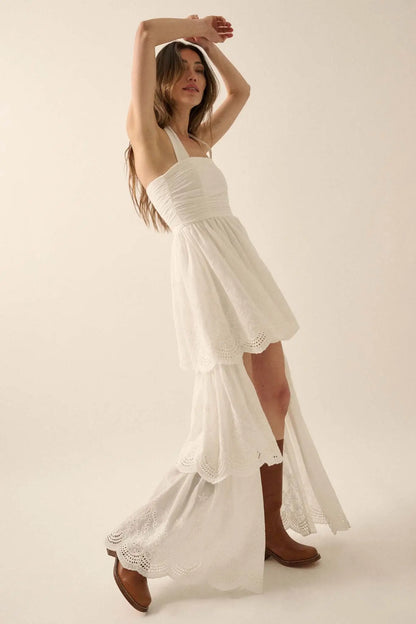 Pure Perfection Eyelet Lace High-Low Maxi Dress