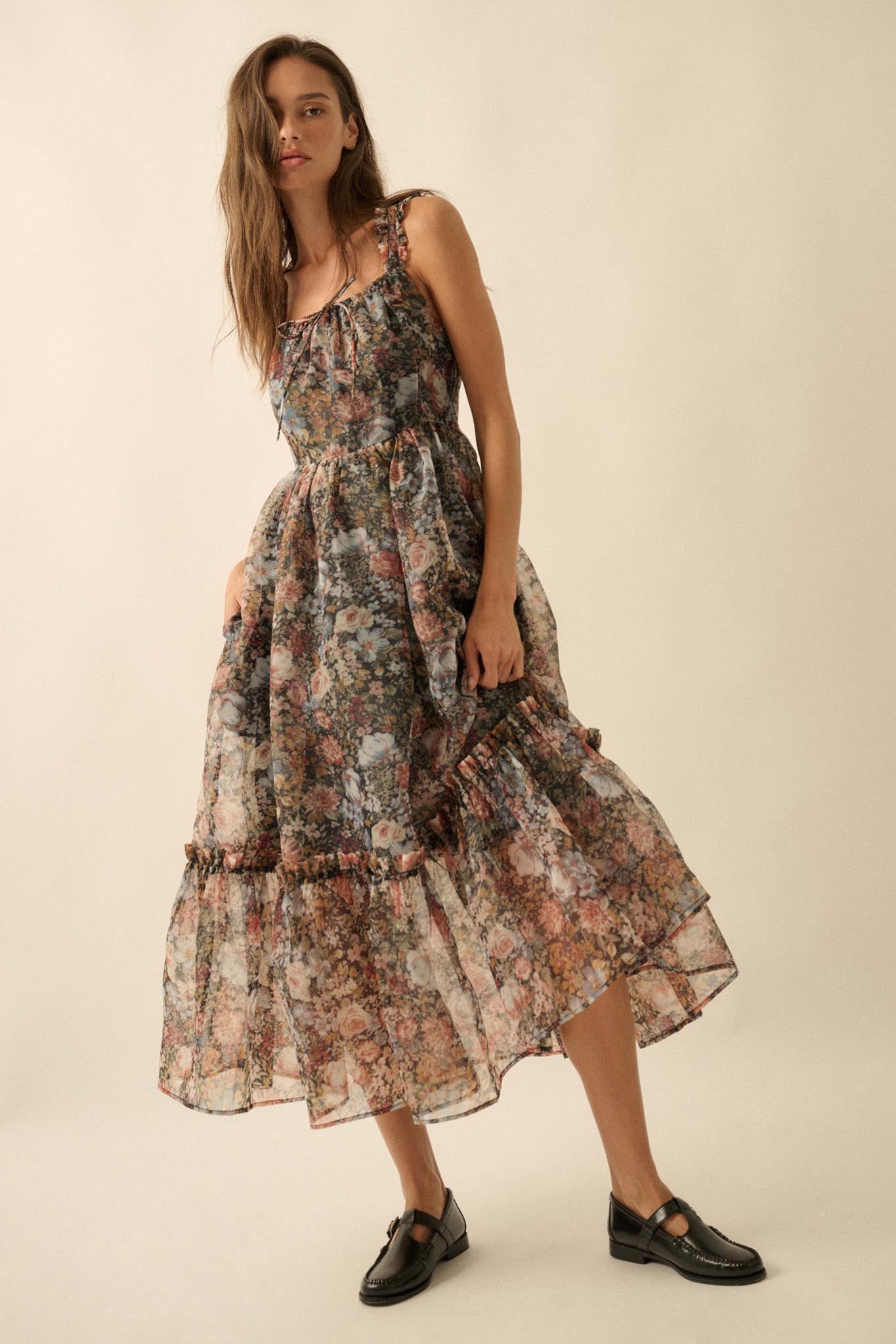 September Blooms Floral Organza Ruffled Maxi Dress