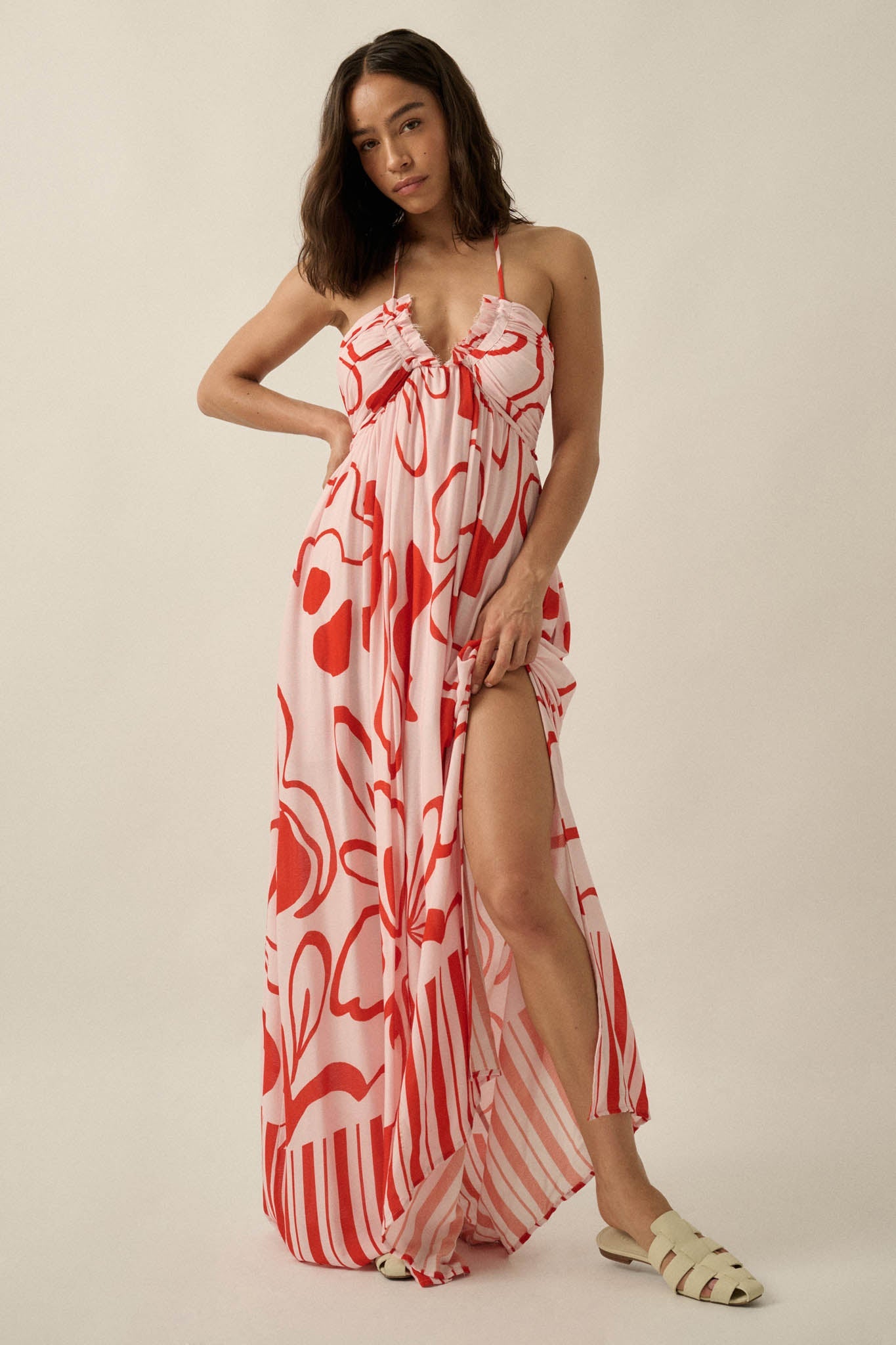 Tropical Blooms Abstract-Floral Halter Maxi Dress