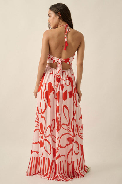Tropical Blooms Abstract-Floral Halter Maxi Dress