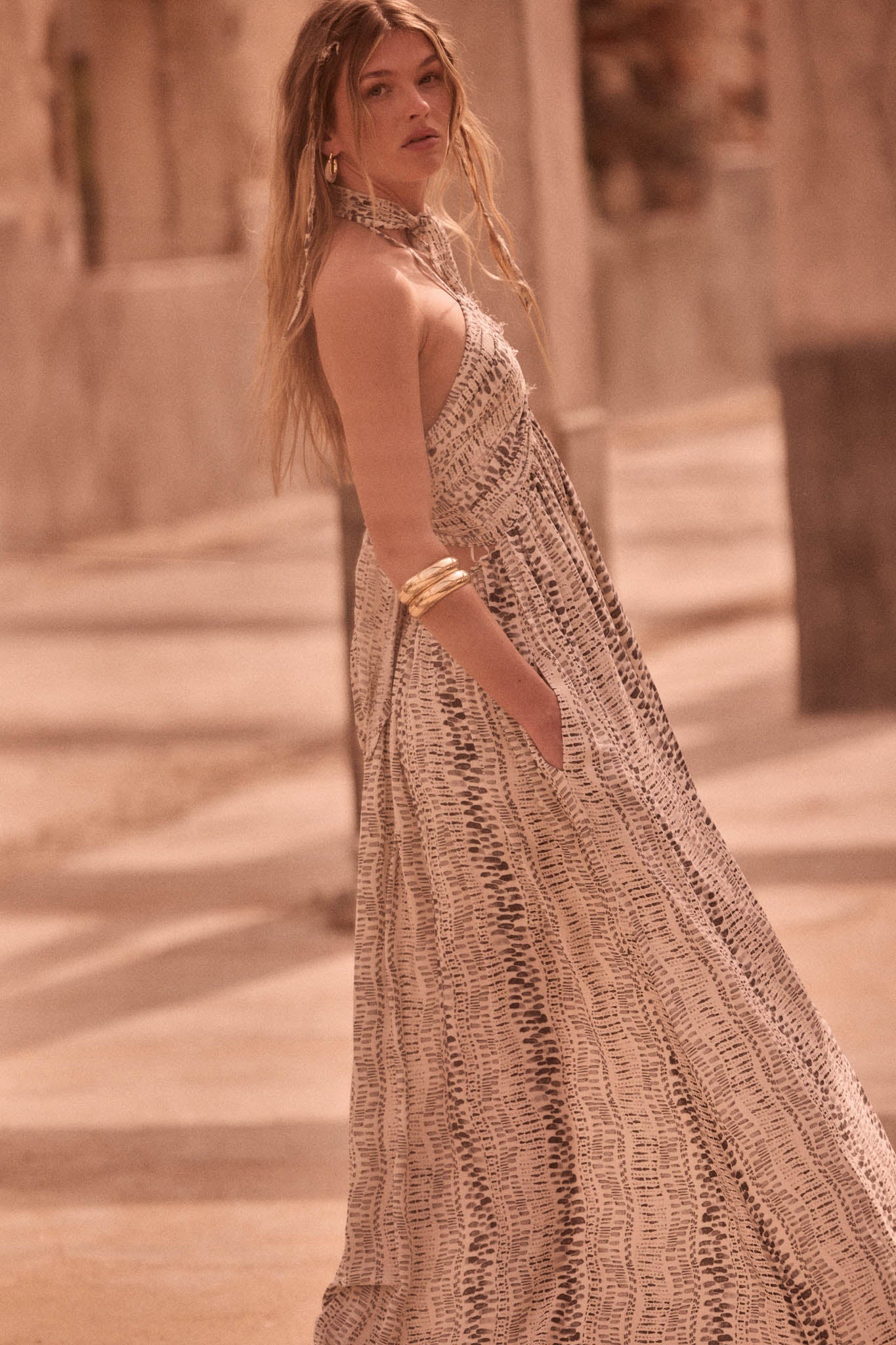 Just Wander Abstract-Print Tie-Back Halter Maxi Dress