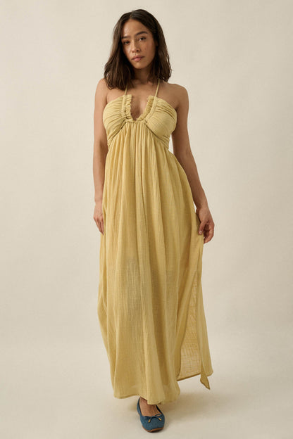 Forever Free Cotton Gauze Tie-Back Halter Maxi Dress