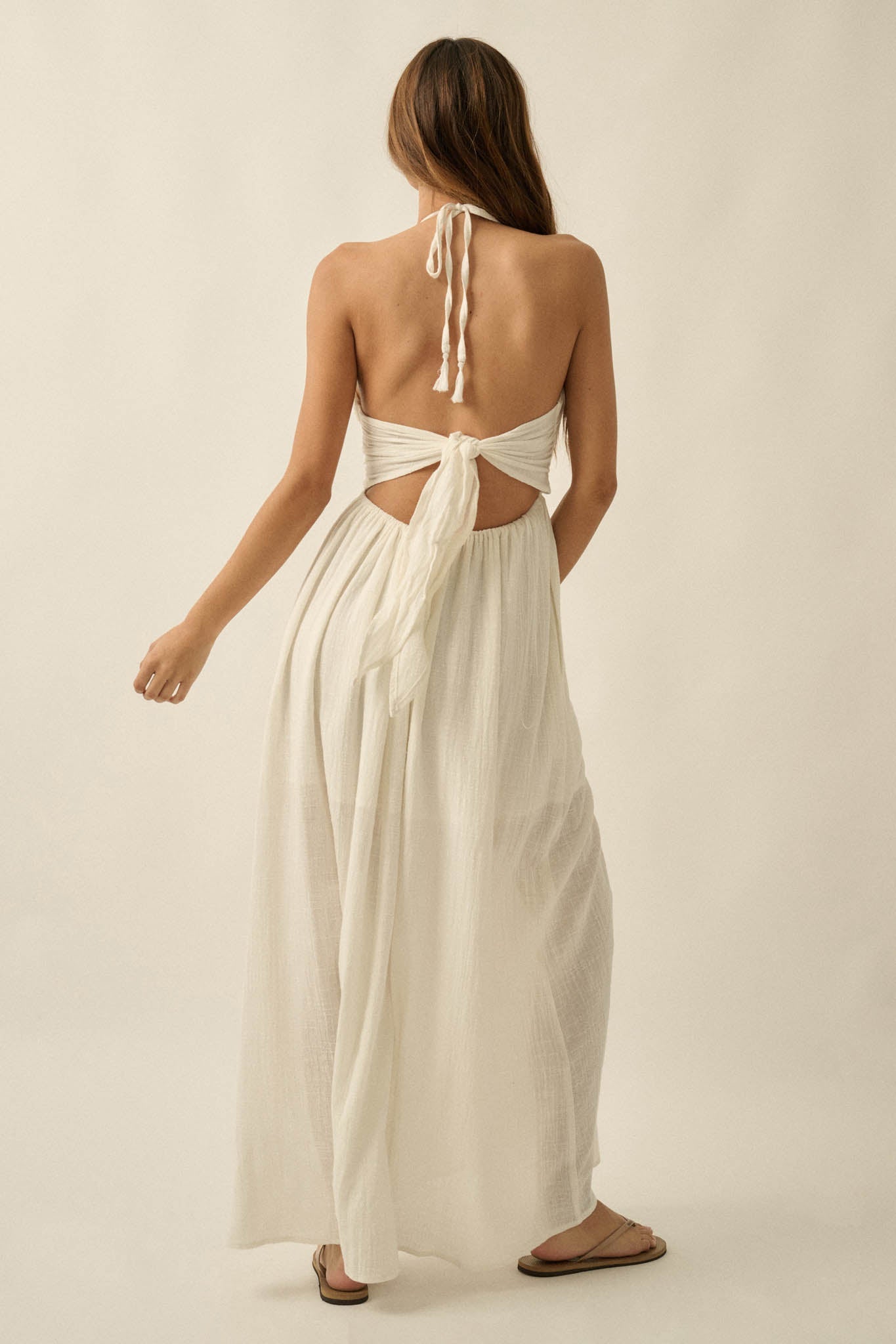 Forever Free Cotton Gauze Tie-Back Halter Maxi Dress