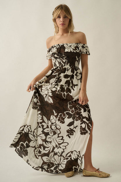 Lost Jungle Leaf-Print Off-Shoulder Ruffle Maxi Dress