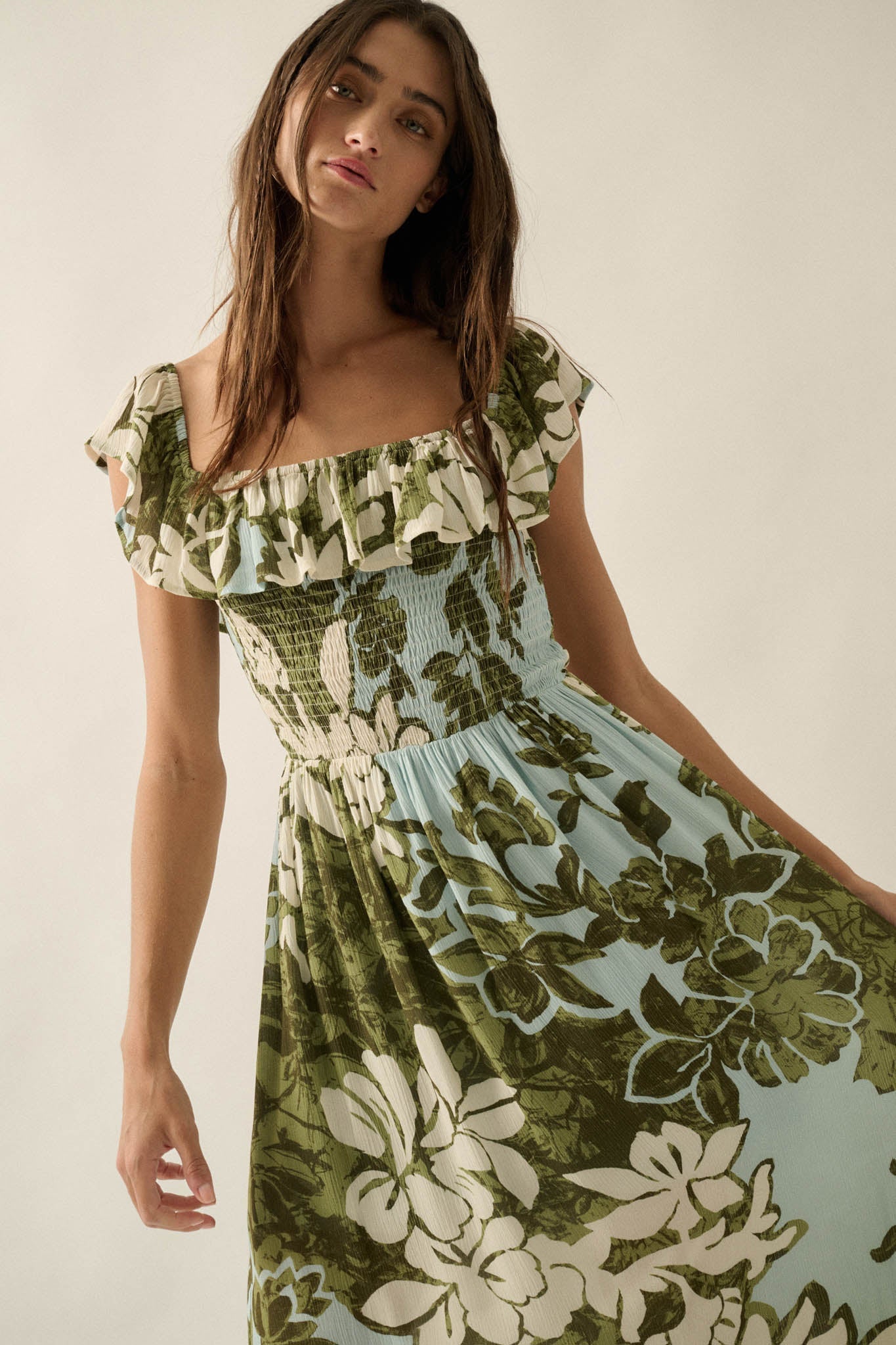 Lost Jungle Leaf-Print Off-Shoulder Ruffle Maxi Dress