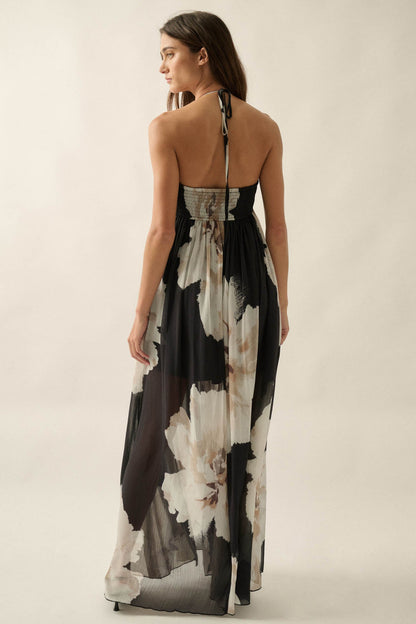 Painted Peonies Floral Chiffon Halter Maxi Dress