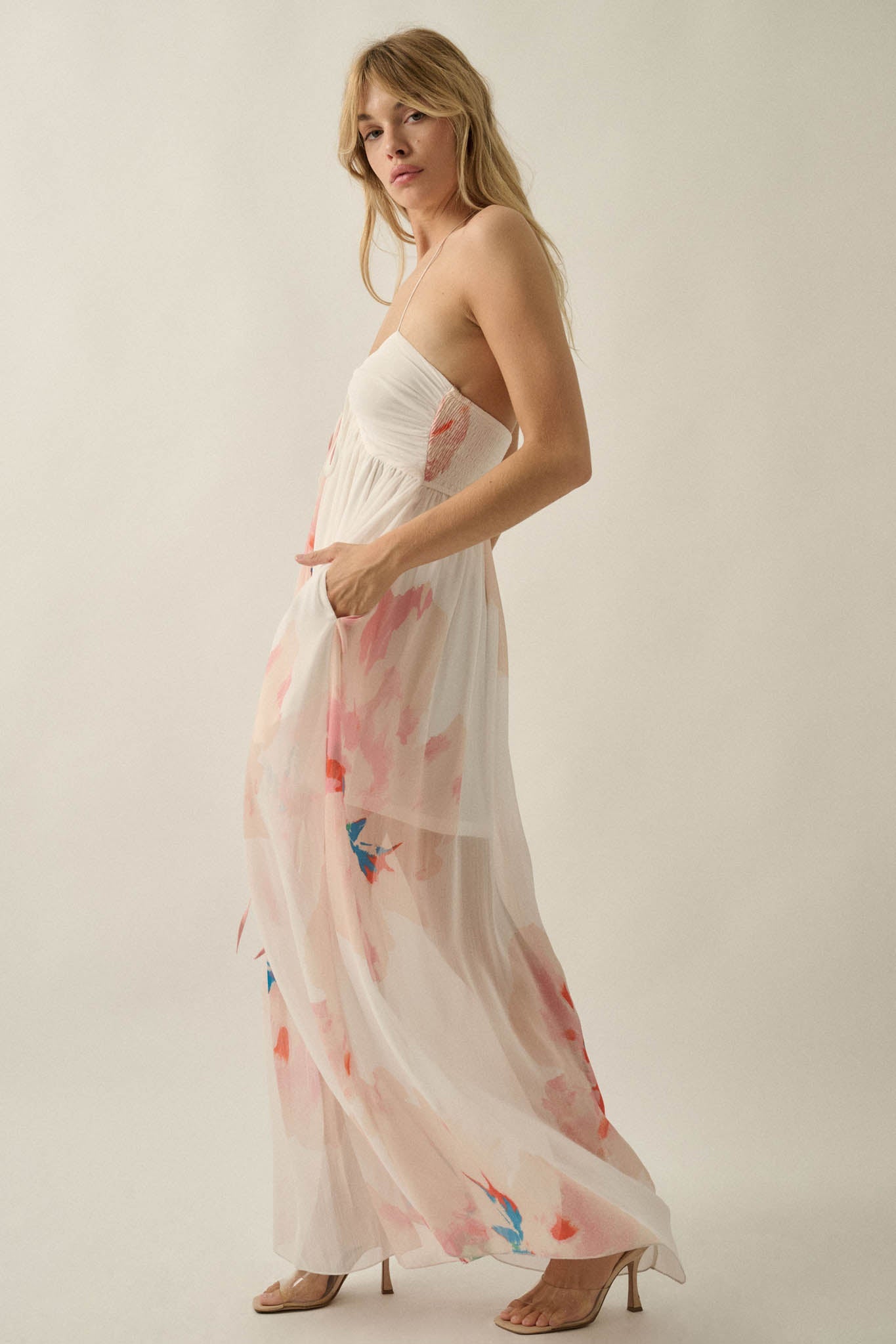 Painted Peonies Floral Chiffon Halter Maxi Dress
