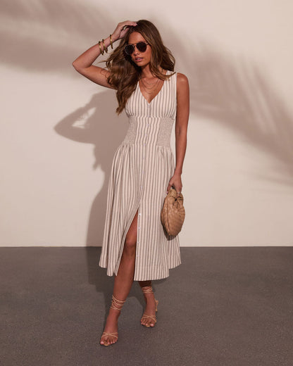 Alorah Striped Fit and Flare Midi Dress