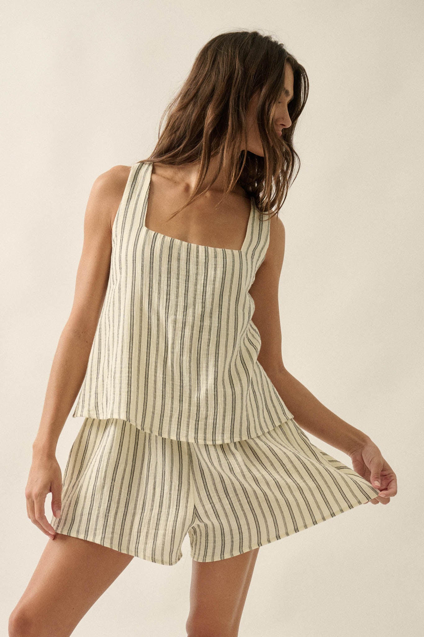 Tide Line Striped Cotton Sleeveless Layered Romper