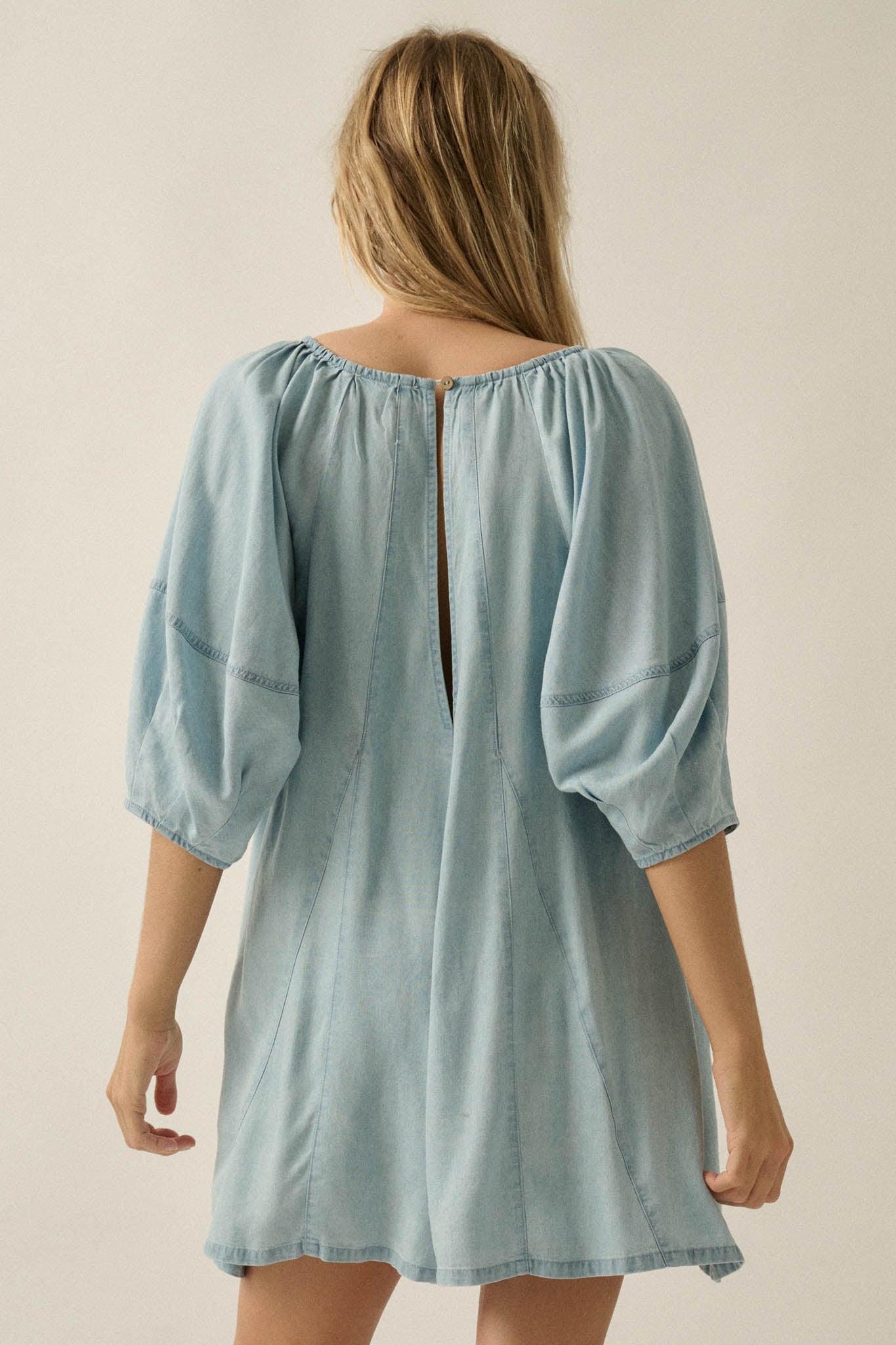 Beyond the Clouds Denim Puff-Sleeve Babydoll Romper