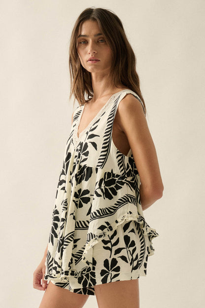 Jungle Boogie Tropical-Print Layered Babydoll Romper