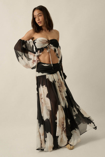 Pretty Peonies Floral Chiffon Drop-Waist Maxi Skirt