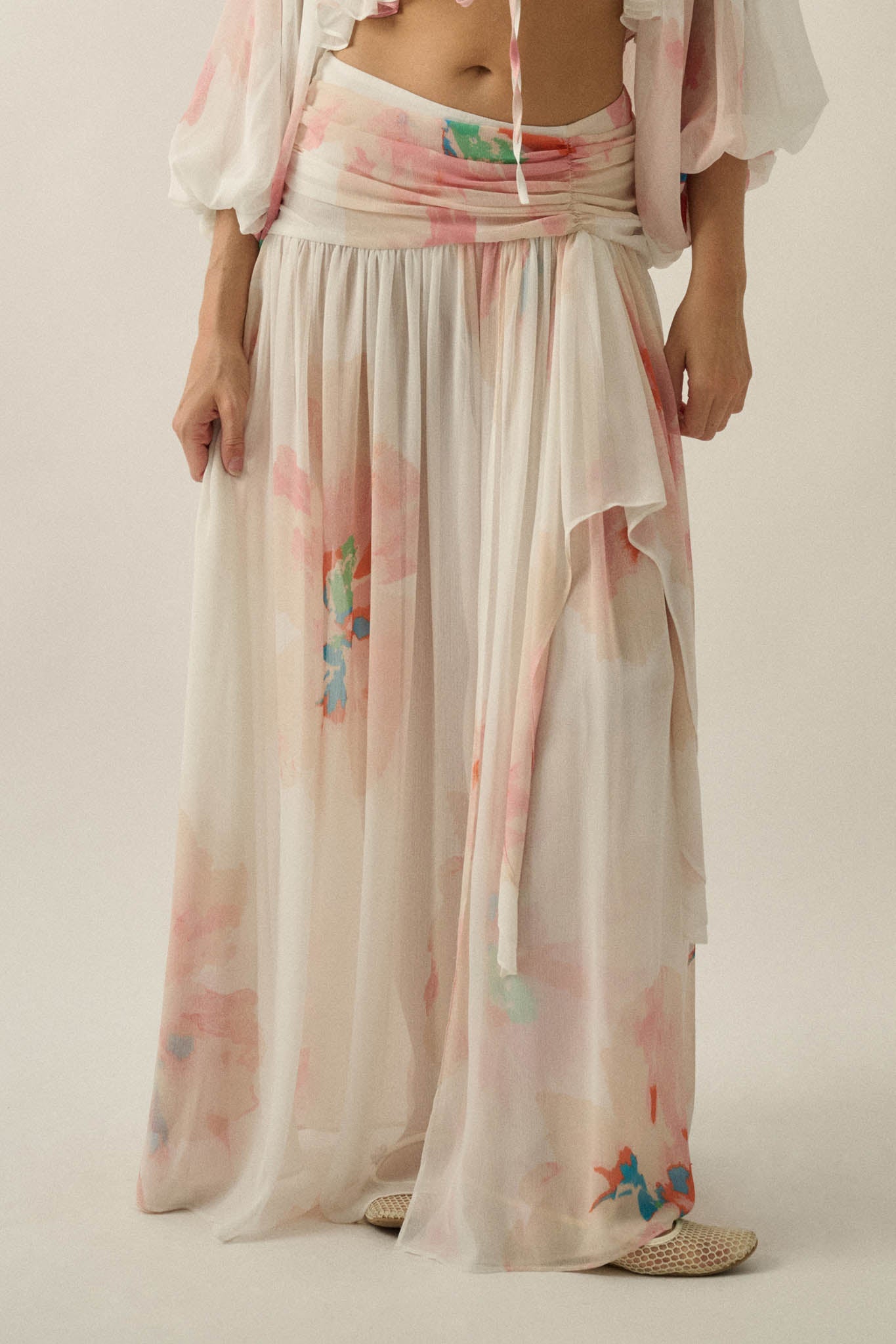 Pretty Peonies Floral Chiffon Drop-Waist Maxi Skirt