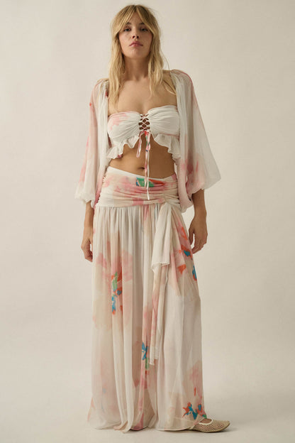 Pretty Peonies Floral Chiffon Drop-Waist Maxi Skirt