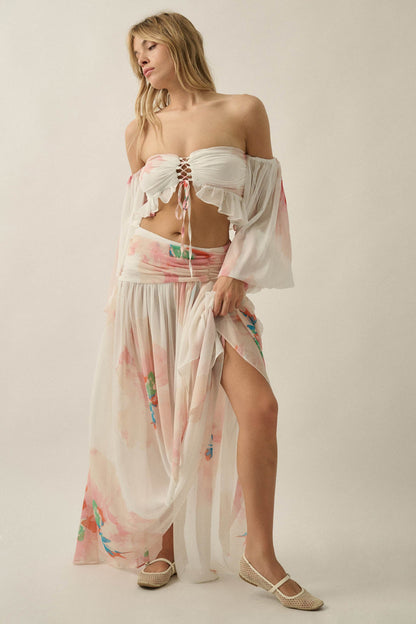Pretty Peonies Floral Chiffon Drop-Waist Maxi Skirt