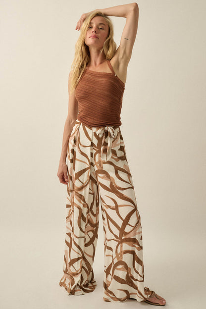 Loose Ends Ribbon-Print Wide-Leg Wrap Pants