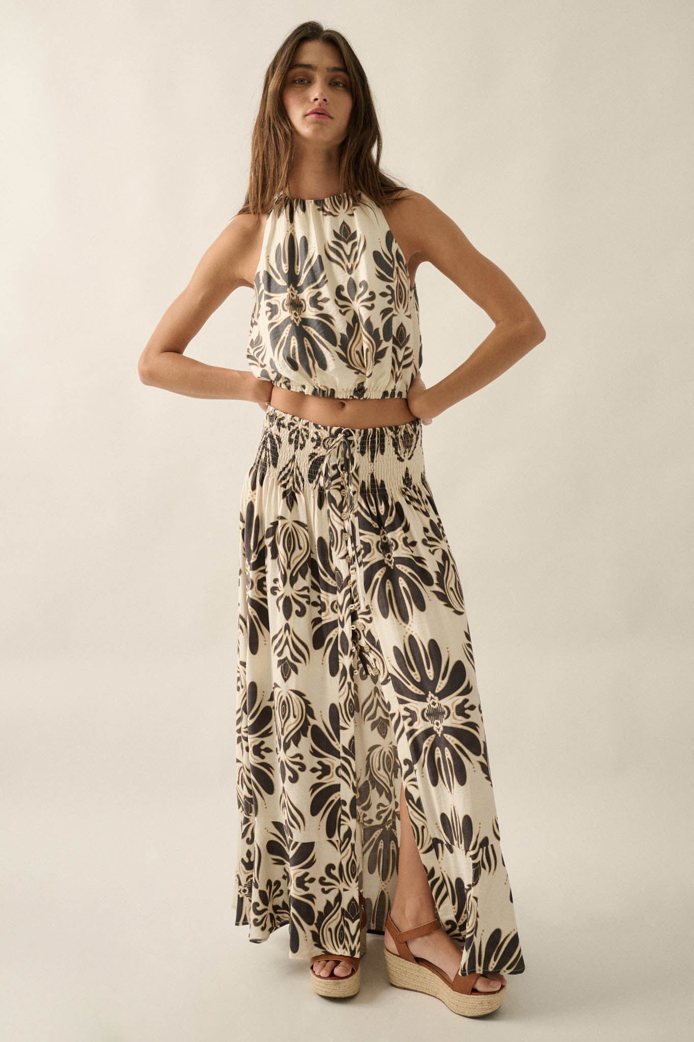 Grand Design Ornate-Print Button-Front Maxi Skirt