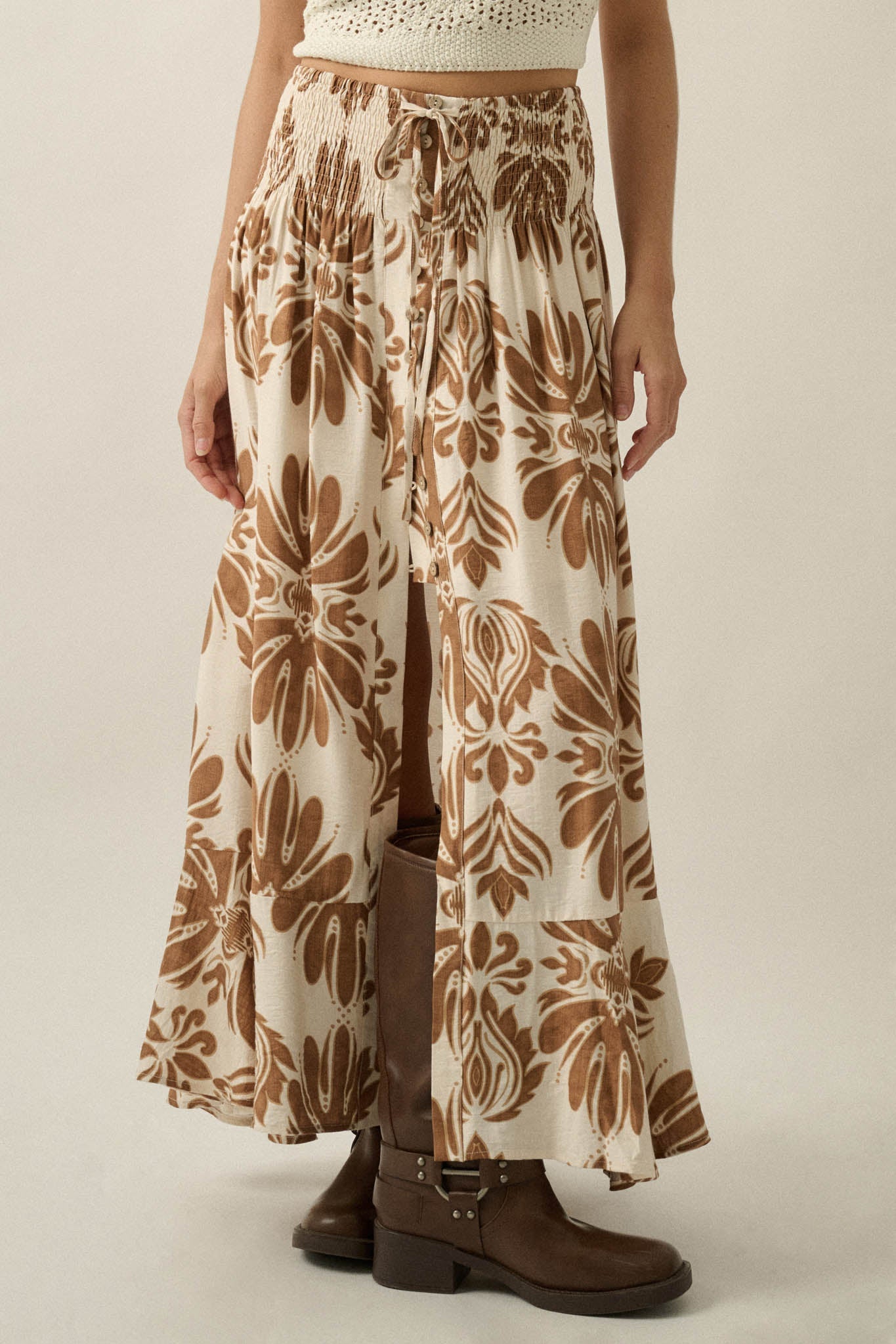 Grand Design Ornate-Print Button-Front Maxi Skirt