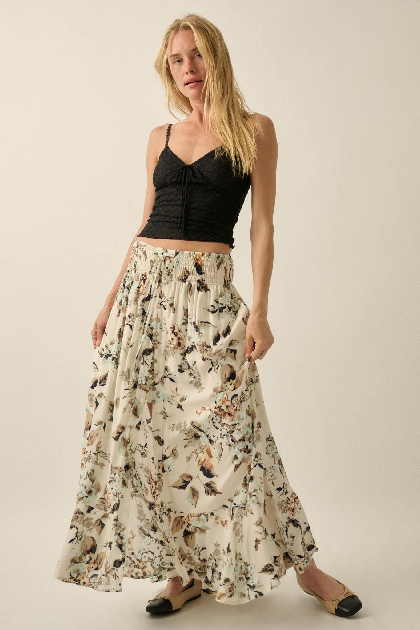 Flores Bonitas Floral Button-Front Maxi Skirt