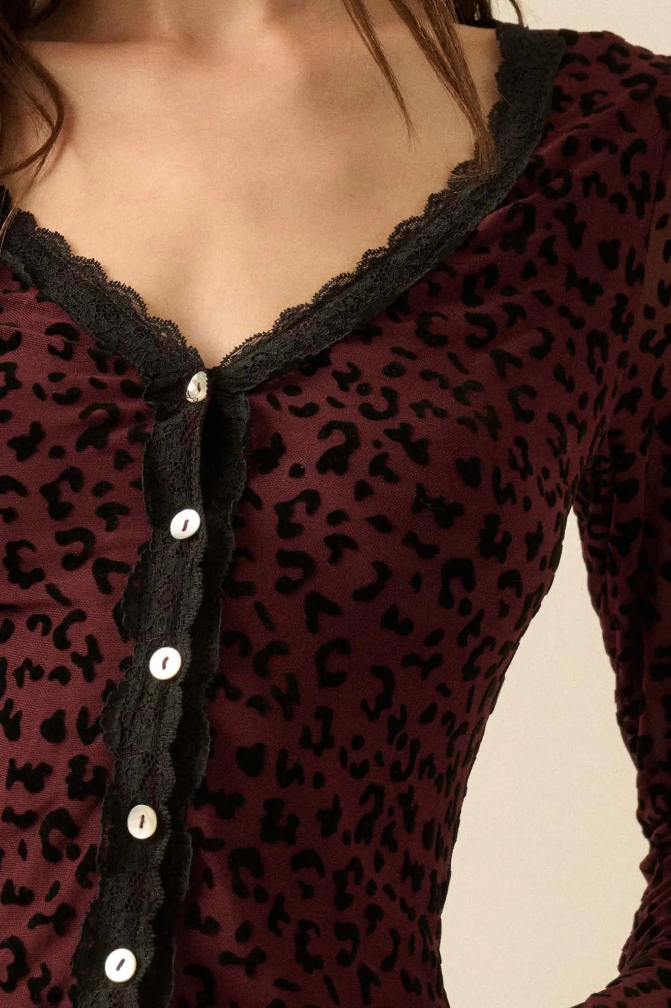 Wild Child Leopard Mesh Button-Front V-Neck Top