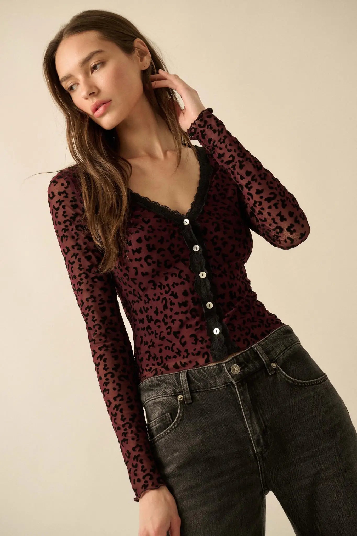 Wild Child Leopard Mesh Button-Front V-Neck Top
