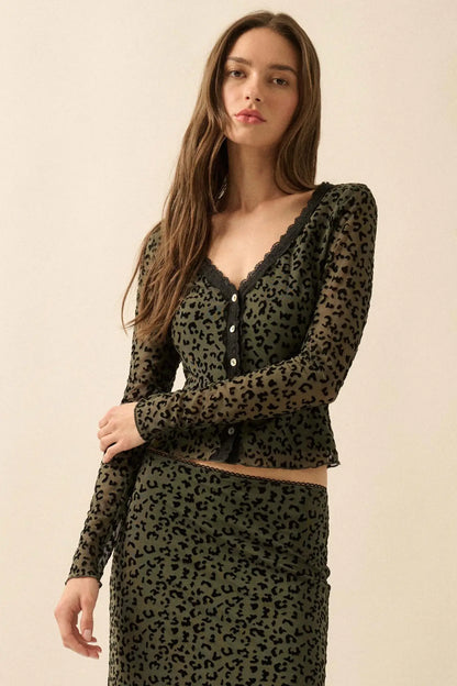 Wild Child Leopard Mesh Button-Front V-Neck Top