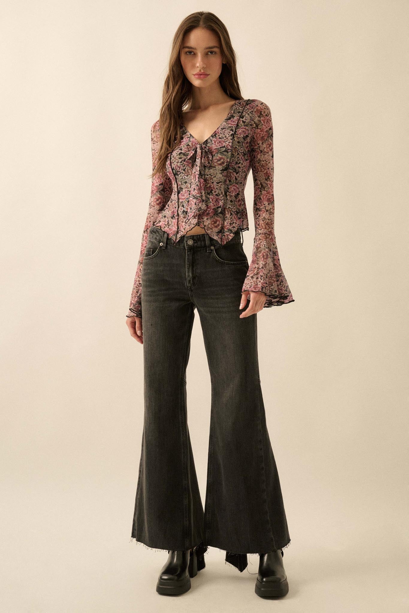 Rose Knows Floral Mesh Tie-Front Bell-Sleeve Top